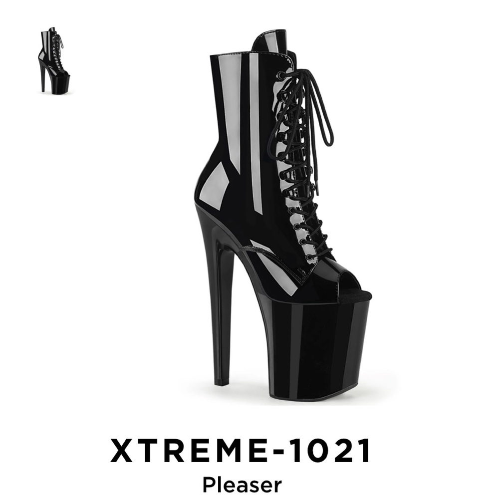 8 inch Black Patent Leather Peep Toe Lace-Up Pleaser Boots w/ side-zipper